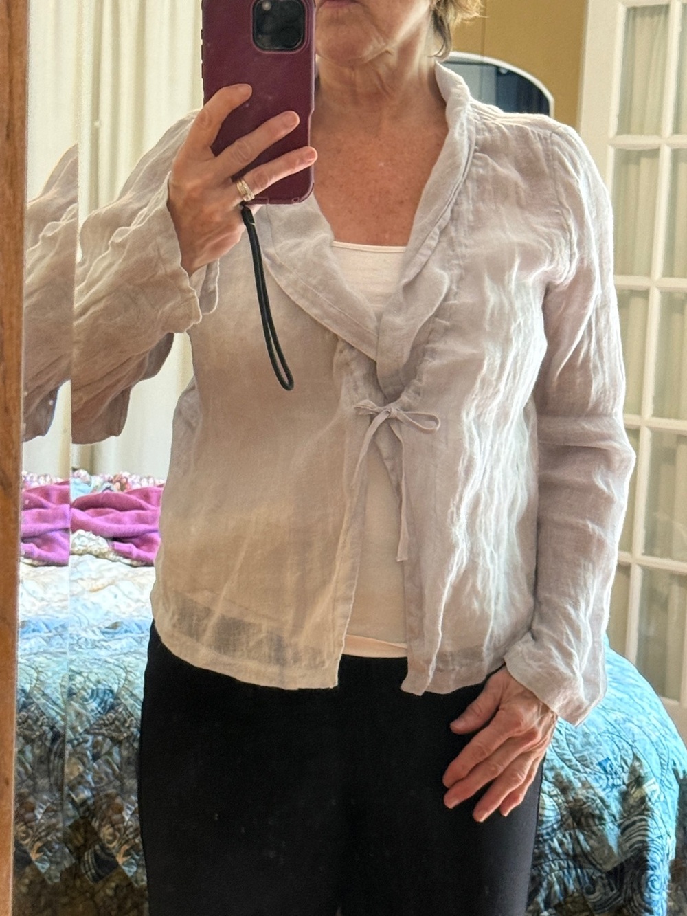 Eileen Fisher Light Gray Sheer Linen Tie-Front Top